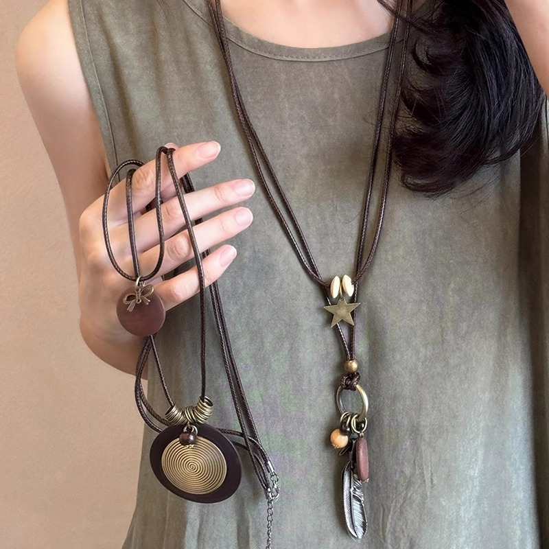 合金吊坠 新中式禅意长款羽毛项链女民族风装饰毛衣链吊坠配饰