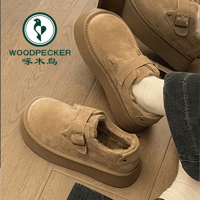 啄木鸟勃肯鞋厚底增高5厘米厚毛毛平底鞋秋冬加绒防滑毛毛鞋学生