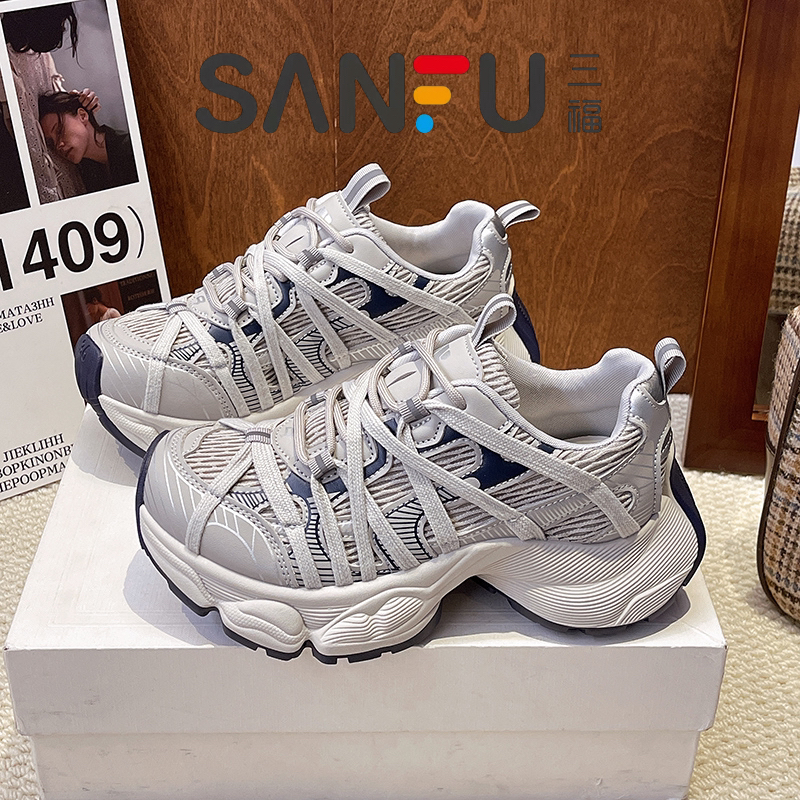 三福网面厚底绑带老爹鞋女2025年春季新款增高透气小众运动休闲鞋