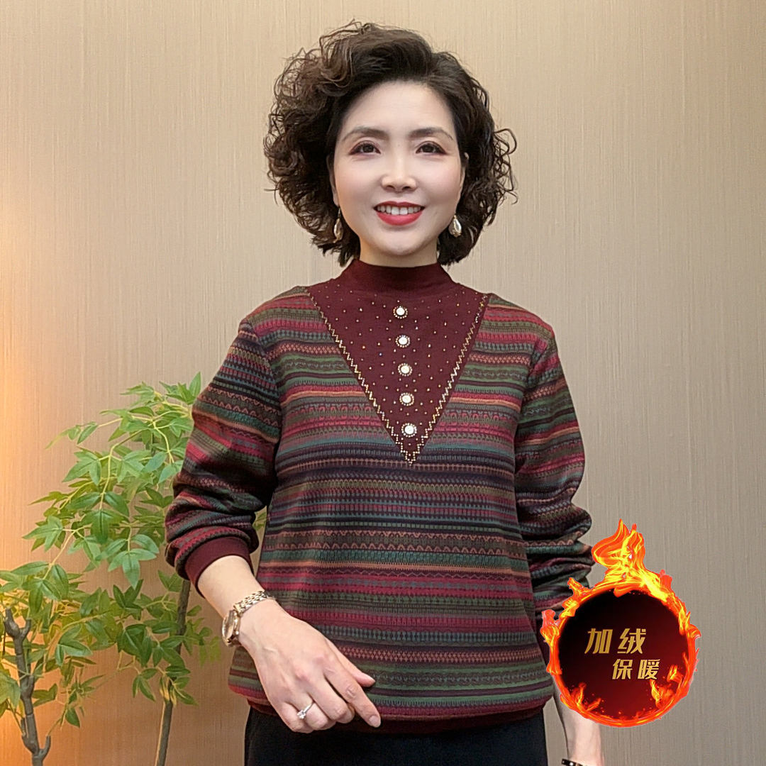 冬季中老年妈妈装宽松气质洋气流光风加绒碎花条纹保暖舒适打底衫
