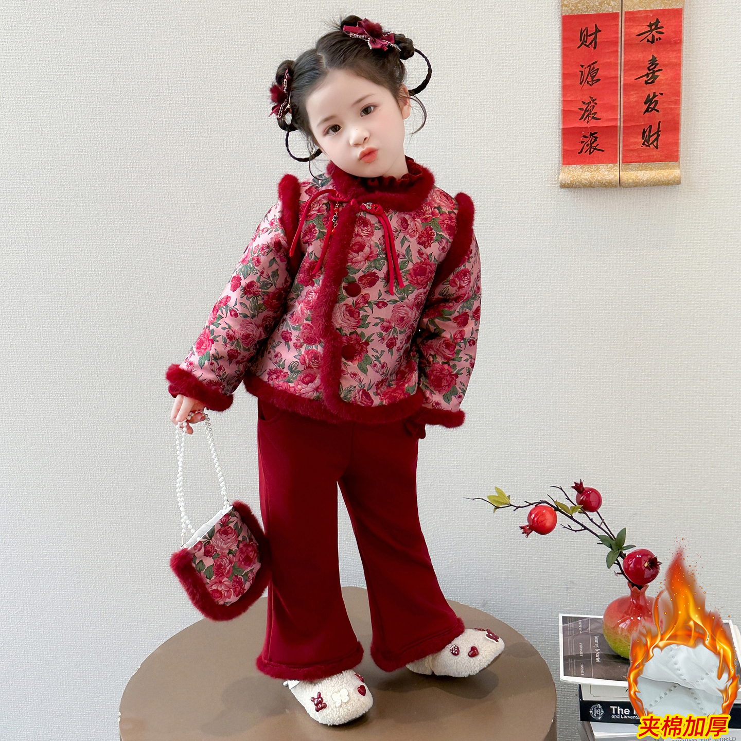 女童拜年服套装冬装夹棉加厚冬季新款儿童唐装汉服过新年衣服