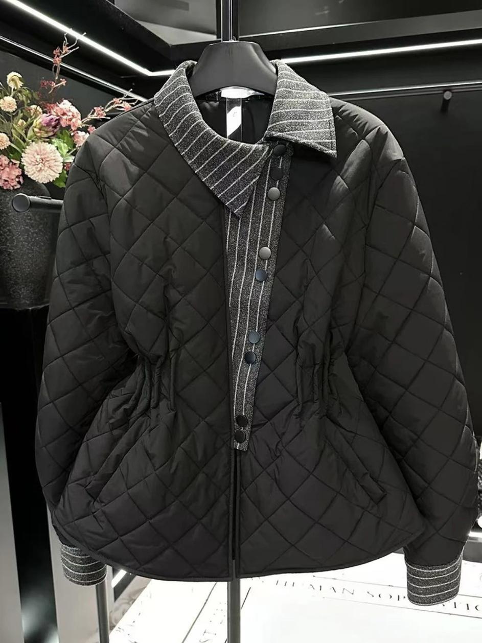 2025秋冬新款别致菱形格撞色翻领棉服女洋气减龄收腰显瘦棉衣外套