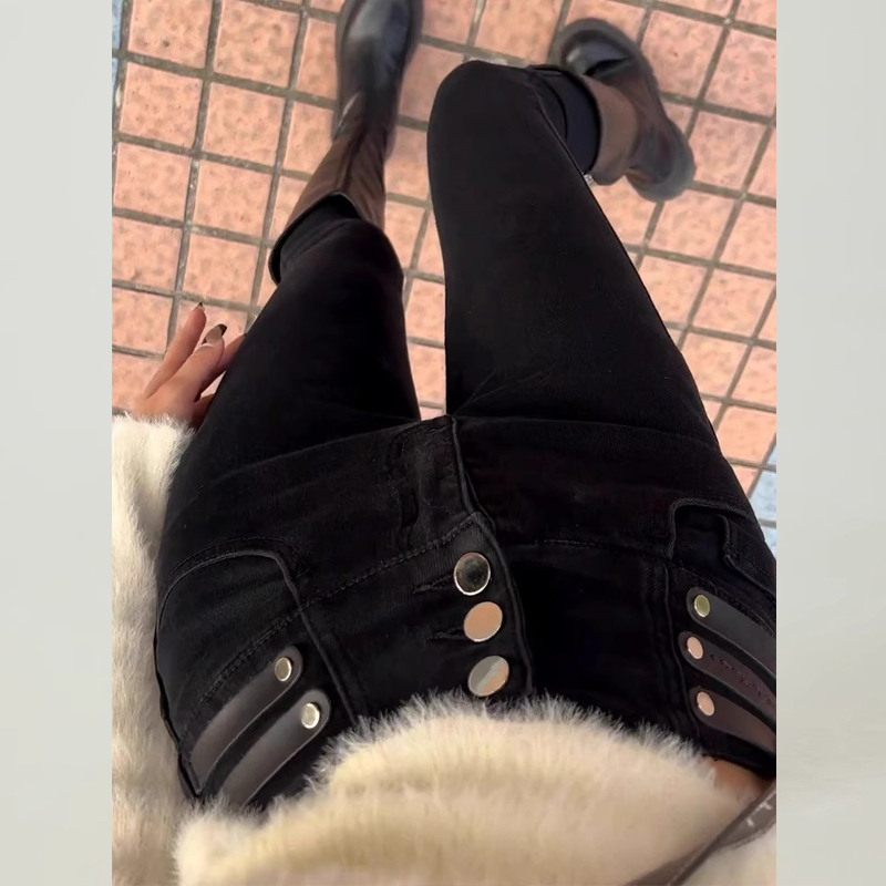 拉夏贝尔黑色小脚牛仔裤女2025年秋冬季显瘦高腰小个子九分铅笔裤