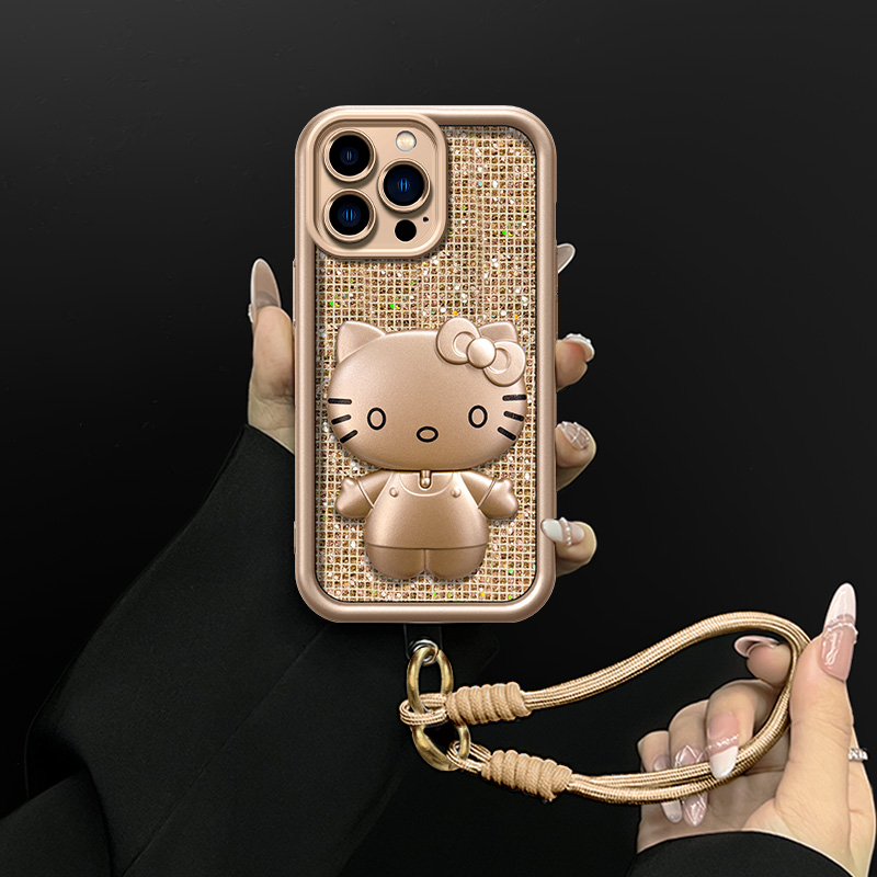 适用【苹果/oppo/华为/vivo/小米】香槟金闪金片猫咪支架防摔手机壳