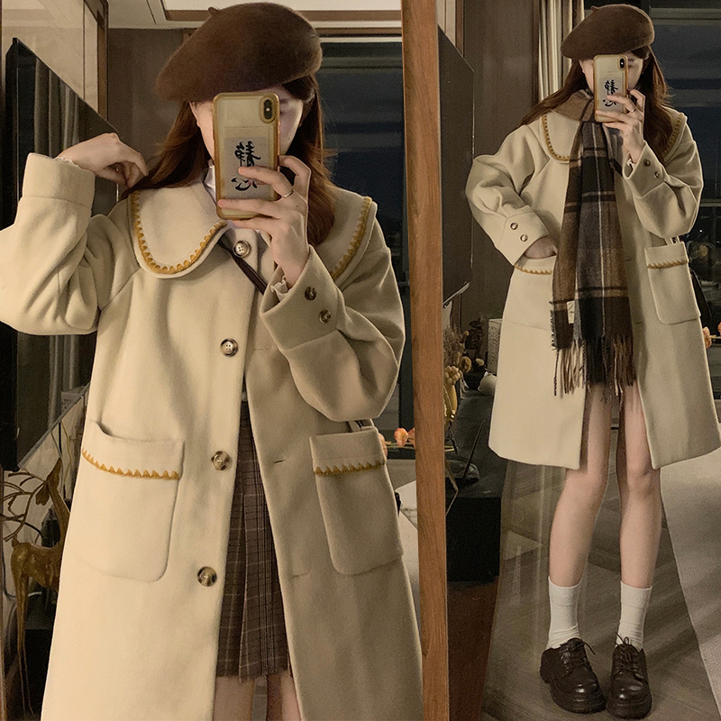 法式甜美娃娃领毛呢外套女2025秋冬季新款中长款高级感超好看大衣