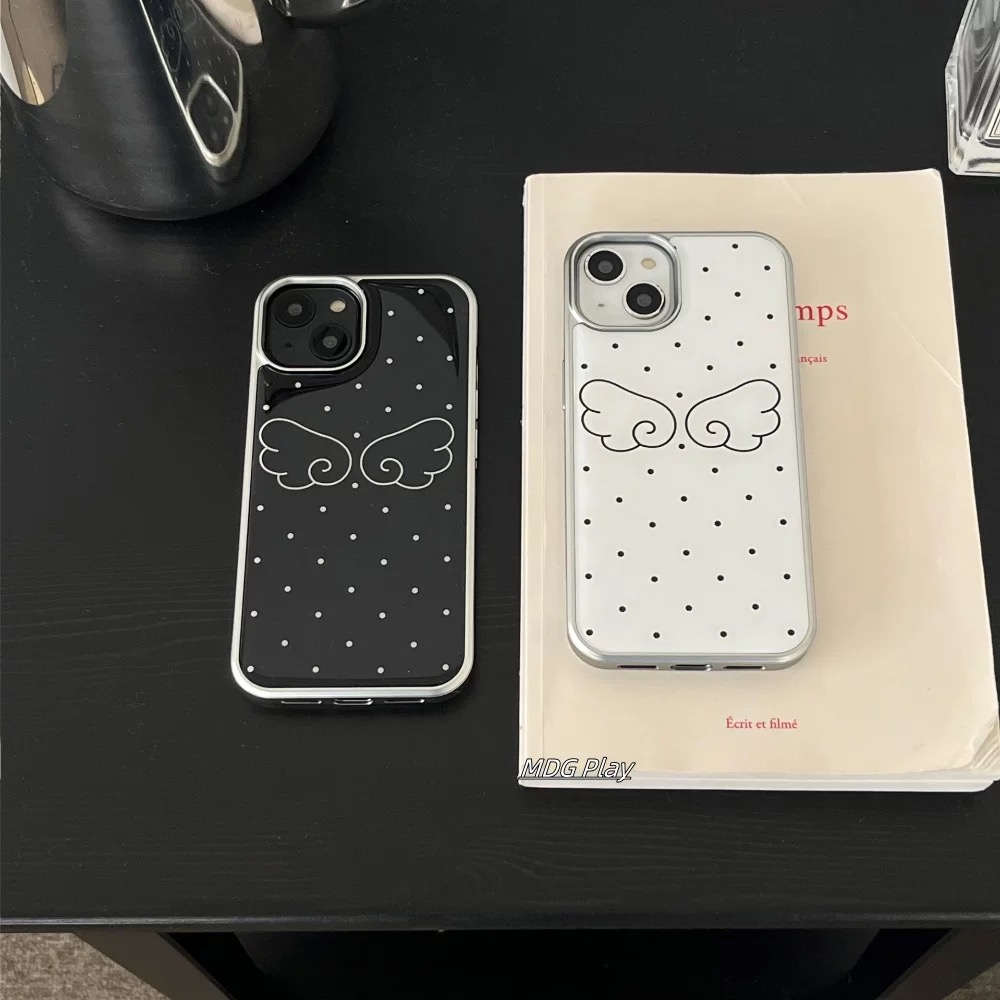 电镀银滴胶ins黑白翅膀适用苹果17pro手机壳iPhone16女15新款13