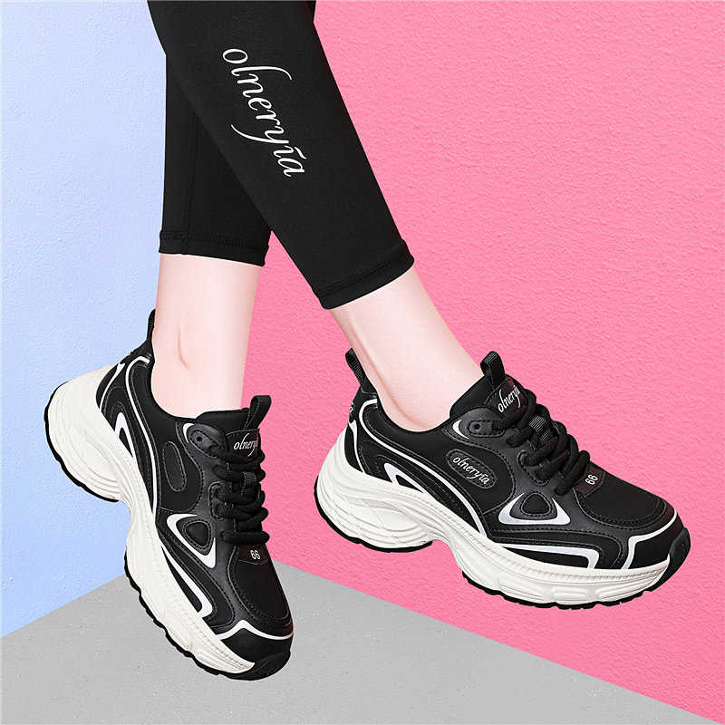 黑色老爹鞋女款2025新款秋季旅游运动休闲舒服不累脚的厚底鞋透气
