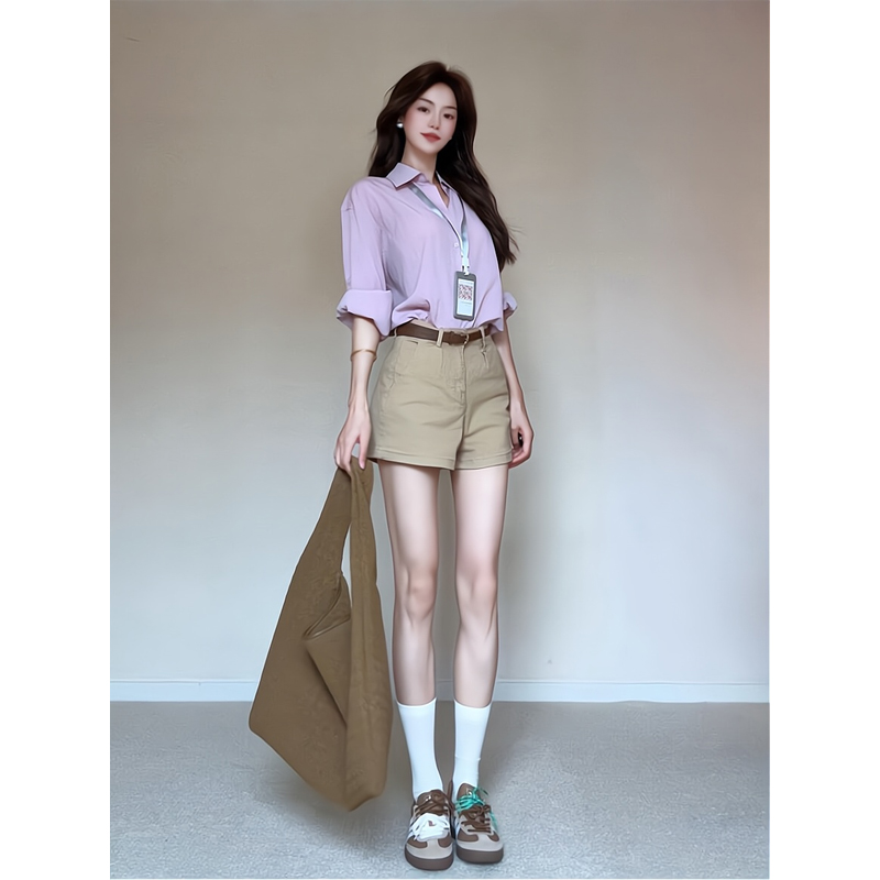 法式经典款通勤百搭纯色衬衫高级气质长袖上衣西装短裤卡其色裤子