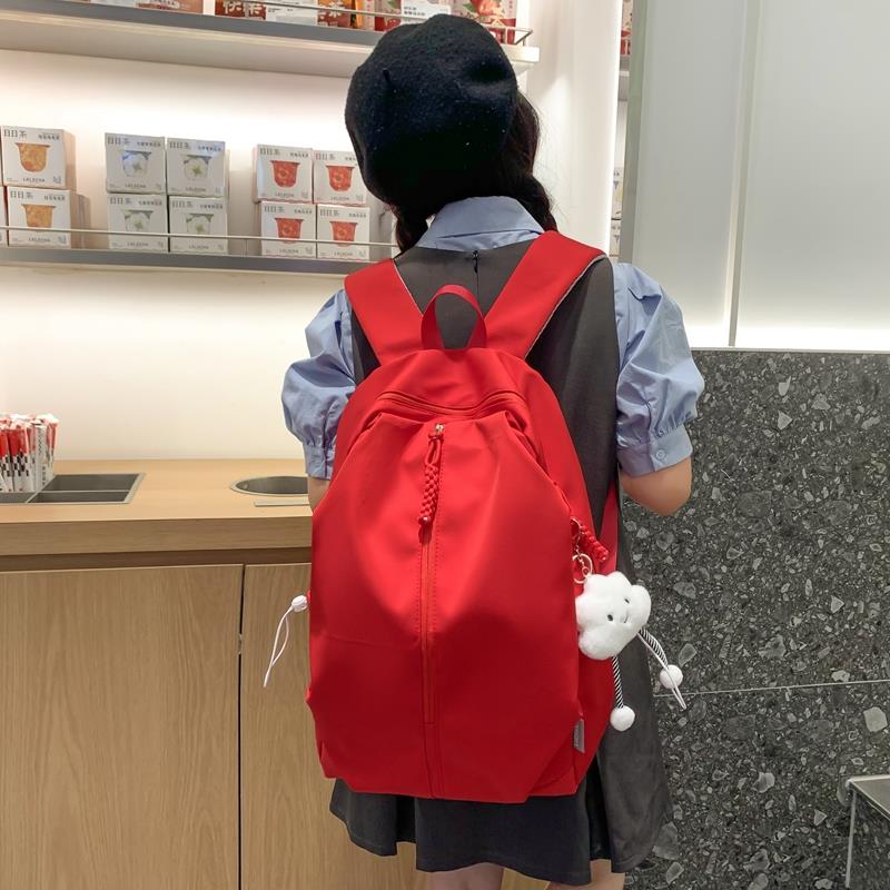 FAVMARTHA红色书包女2025新款双肩包大学生红背包简约旅行大容量