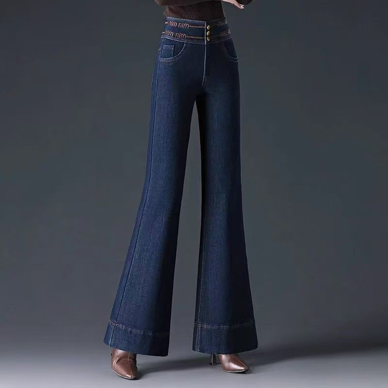 丹宁蓝阔腿牛仔裤女2025年春秋新款高腰微喇显瘦直筒大喇叭裤ins