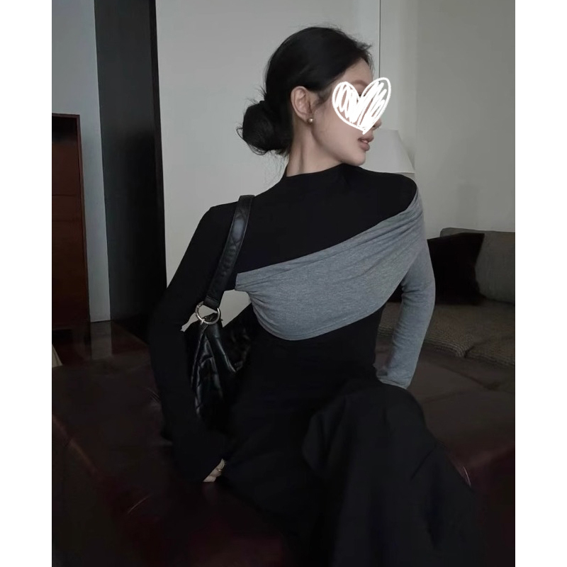 微胖大码秋季老钱风黑色长袖T恤半高领拼接打底衫修身显瘦女上衣