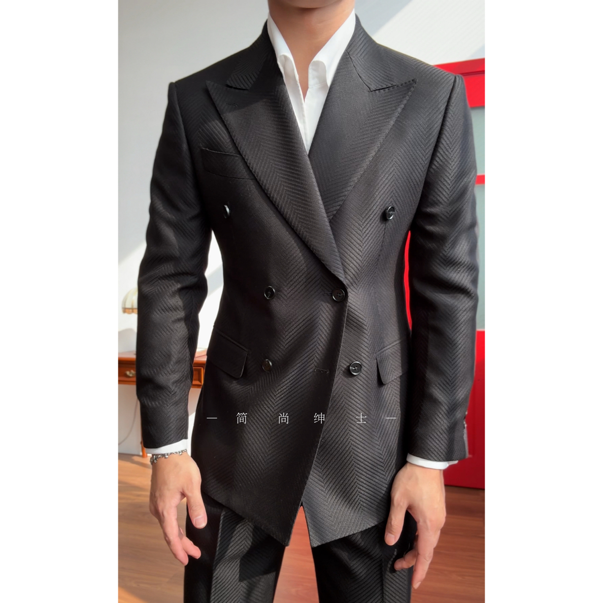 新款早秋人字纹肌理感绅士高级感双排扣西装00002