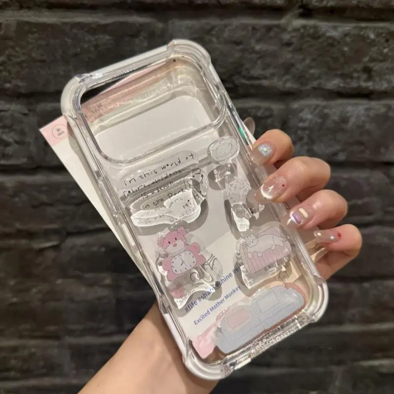 四角气囊小熊贴纸适用苹果17promax手机壳16pro透明15新款14/13软