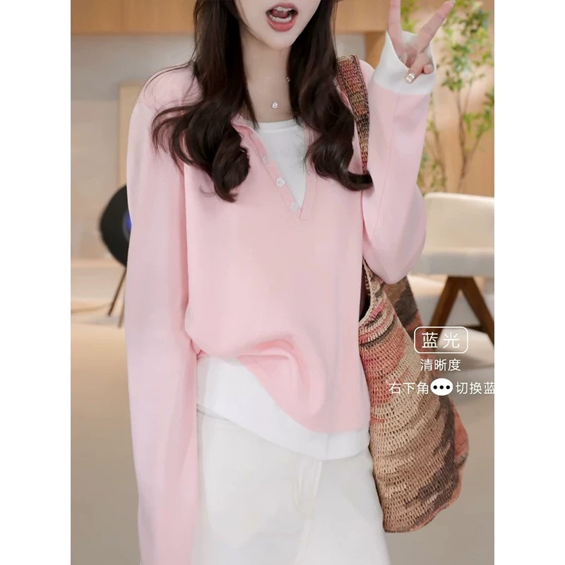 撞色减龄假两件针织衫女慵懒风休闲宽松套头打底早春时尚百搭上衣