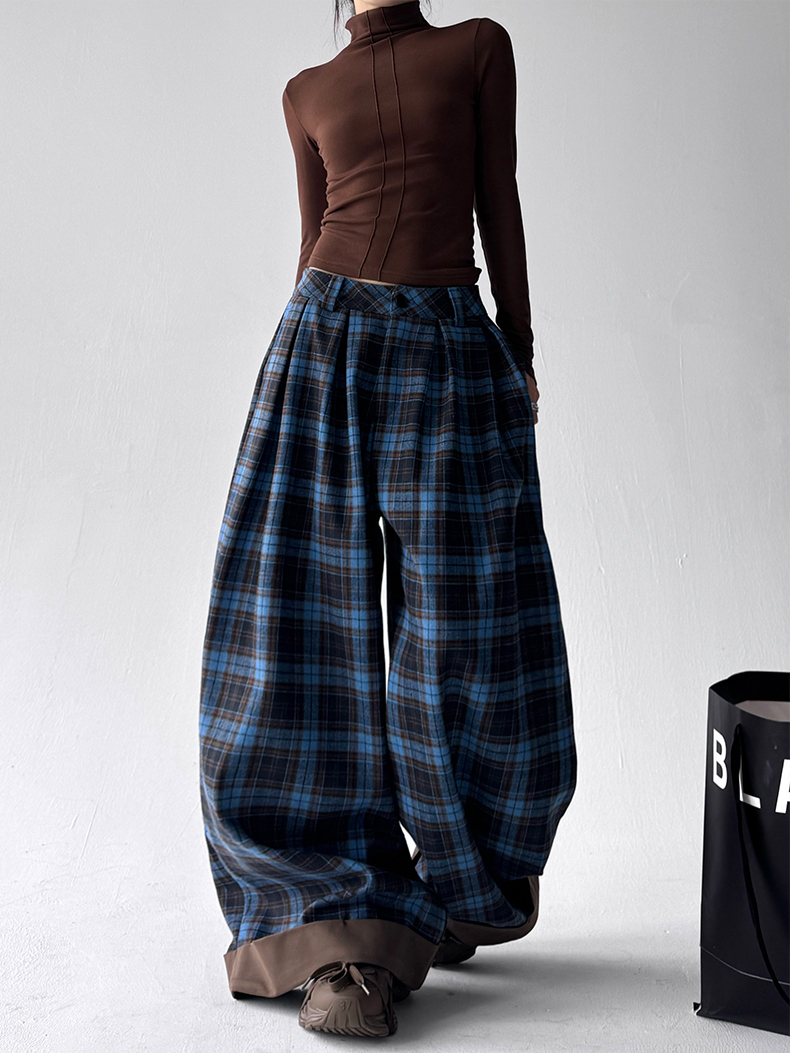 秋冬款加绒阔腿蓝色格子休闲裤子女2025年冬季新款网红炸街毛呢裤