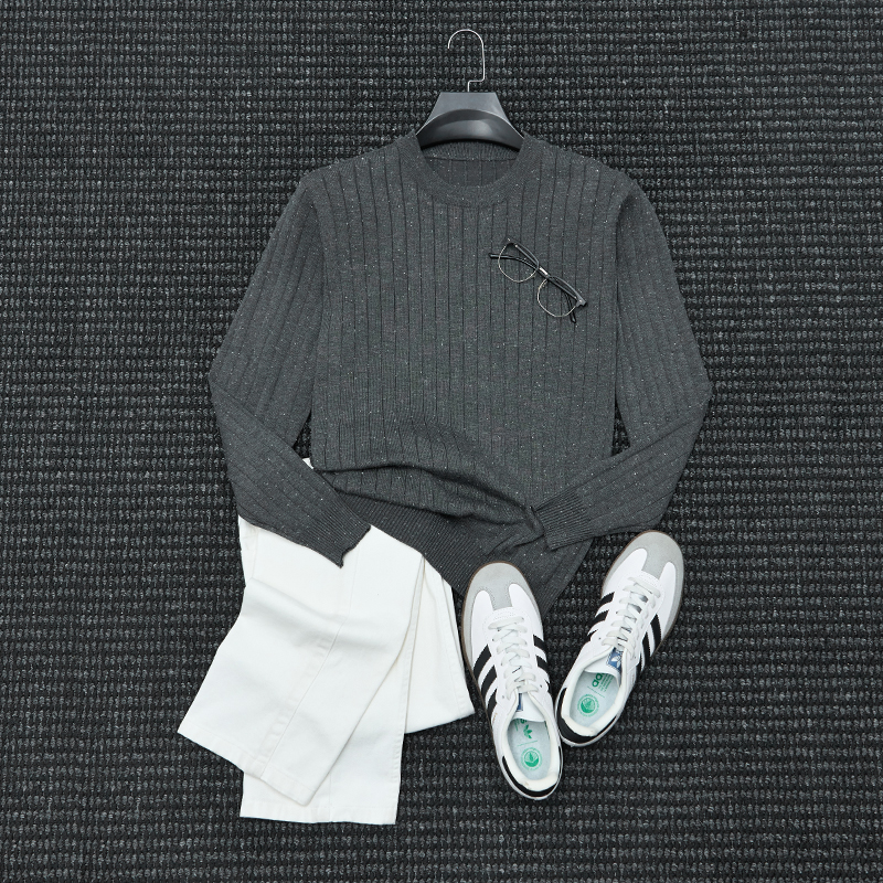 秋冬季新款意式老钱风坑条纹针织衫男士简约圆领修身百搭毛衣上衣