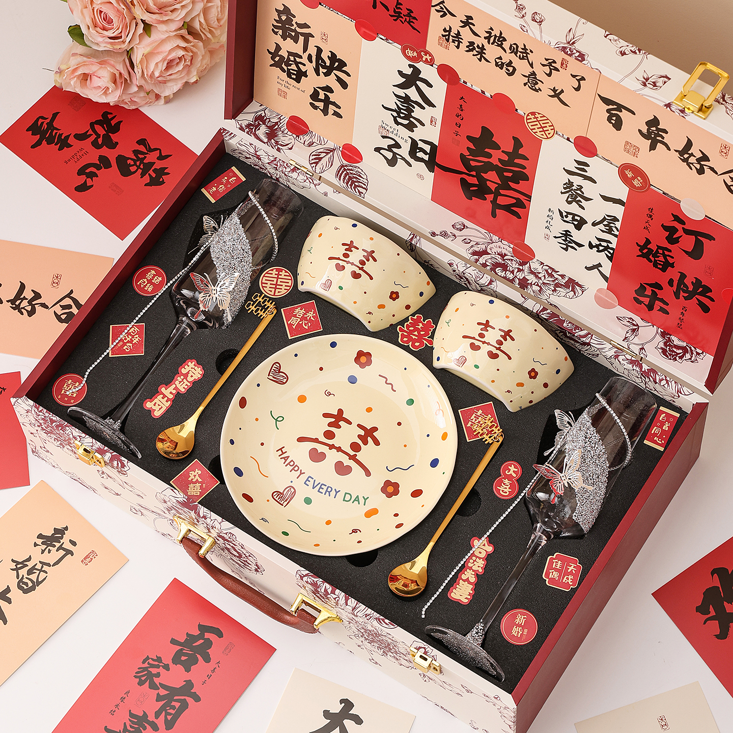 新婚礼物送新娘订婚礼品送姐妹高级实用高脚杯餐具套装