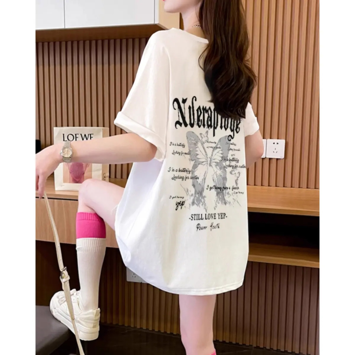 设计感韩系宽松慵懒风纯棉短袖t恤女蝴蝶印花夏季小众女装打底衫