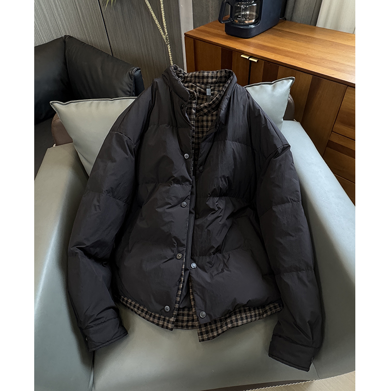 真羽绒假两件男士拼接休闲羽绒服纯色保暖外穿轻薄面包服格子秋冬