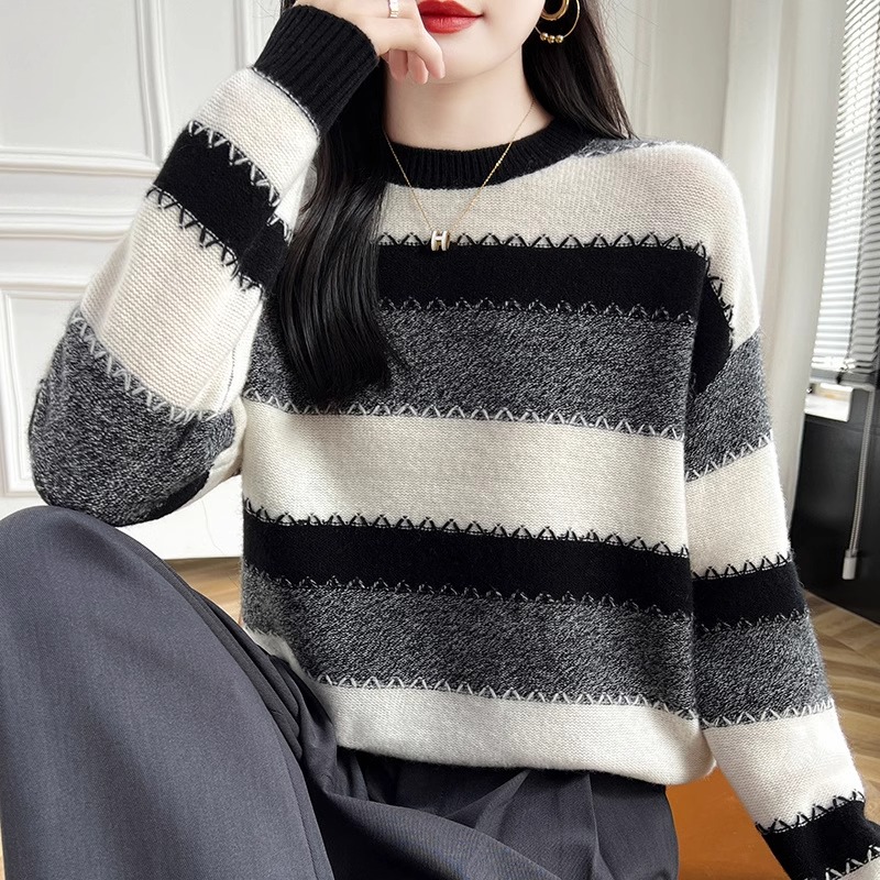 100%羊绒衫女秋冬季厚款2025新款圆领宽松撞色条纹针织毛衣百搭
