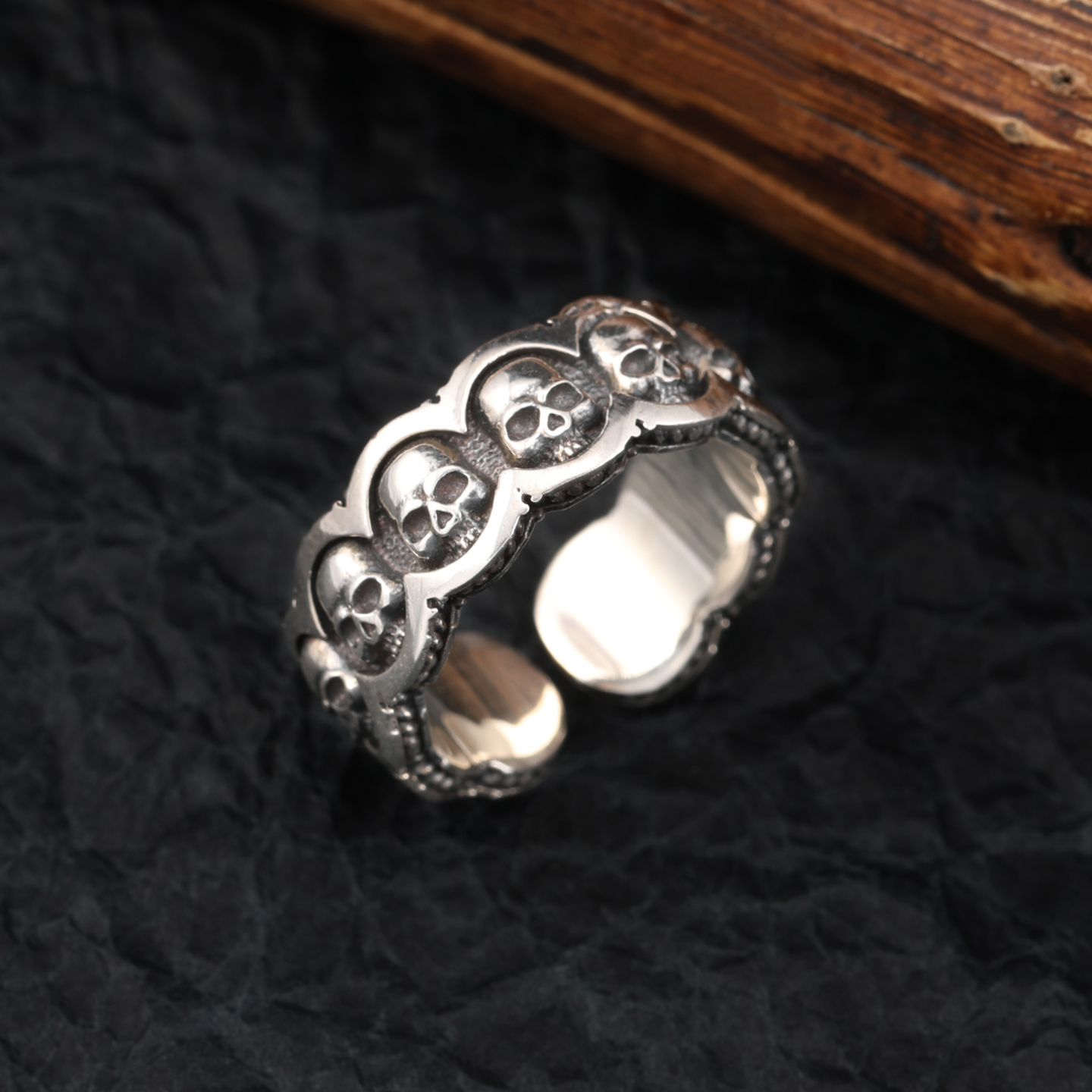 925银戒指 骷髅头银戒指男女新款朋克个性潮流复古做旧开口食指戒