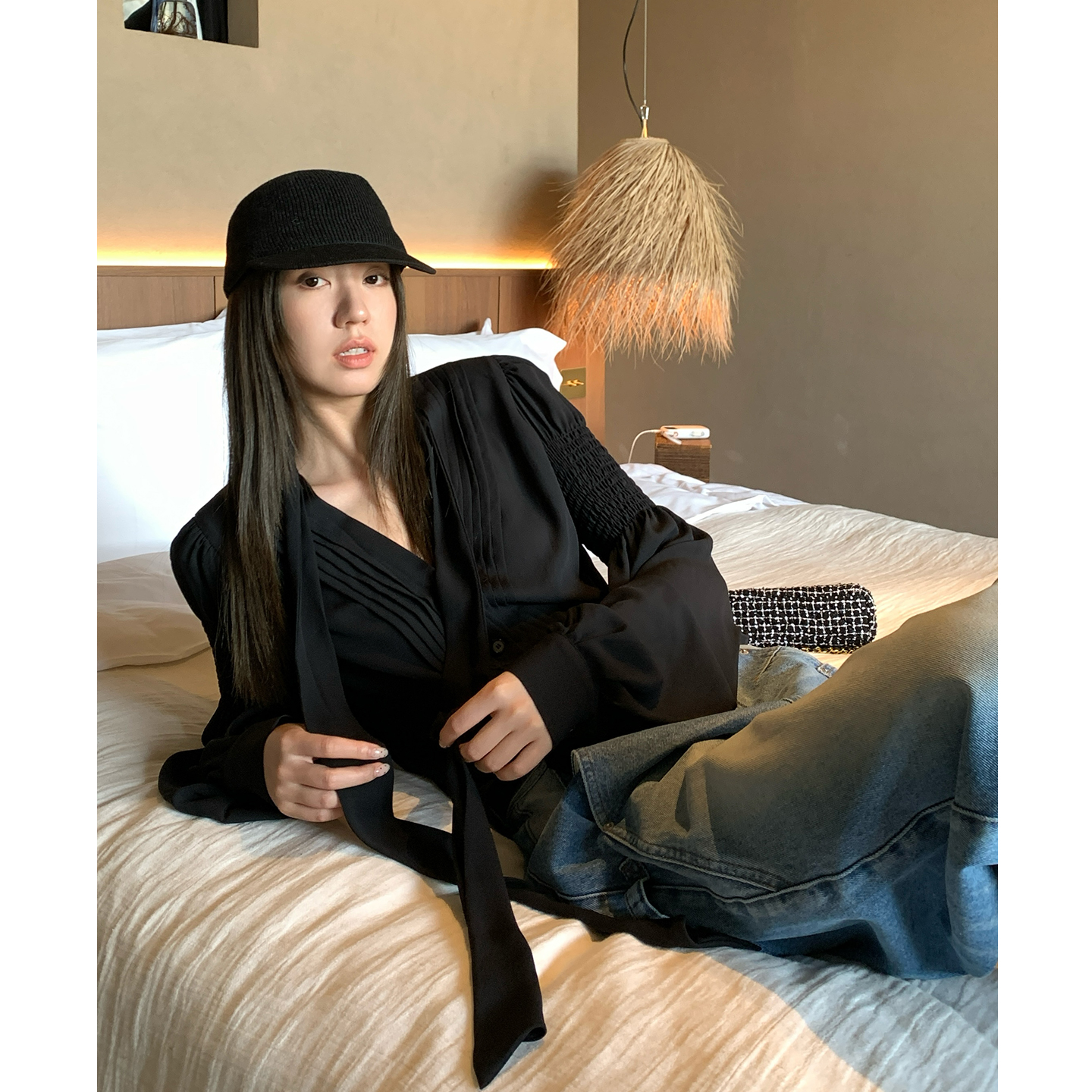 Gakee【匠夜物语】春夏宽松圆领黑色雪纺小衫女 X34576GK52