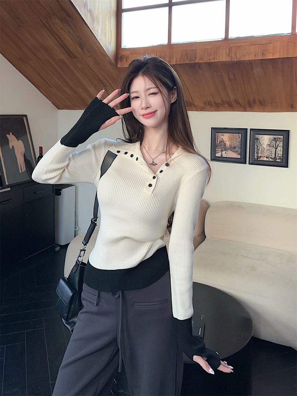 拼接撞色设计感翻领打底女春秋冬季修身显瘦气质内搭针织衫上衣