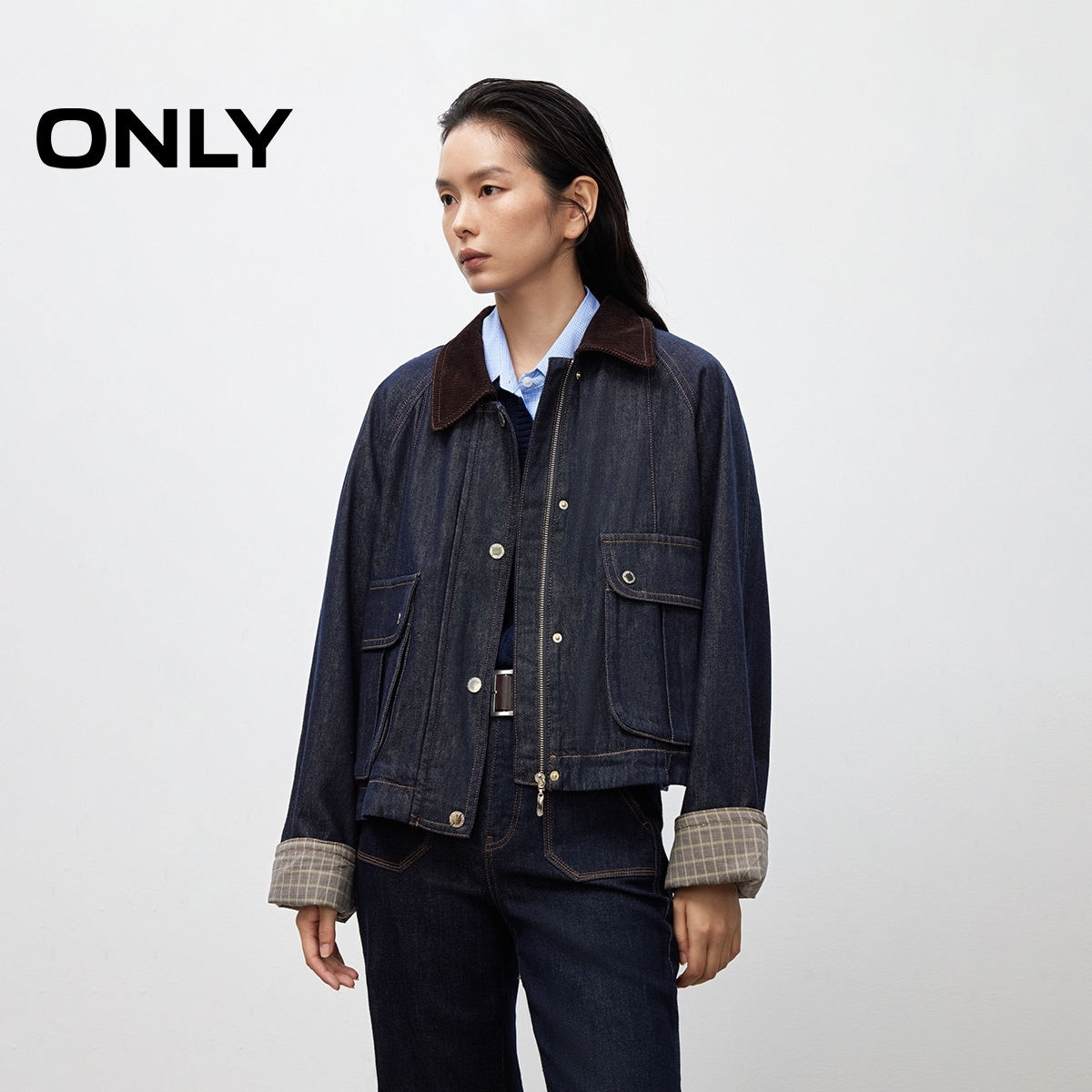 ONLY2025秋季新款复古工装撞色条绒翻领宽松牛仔外套女|125354001