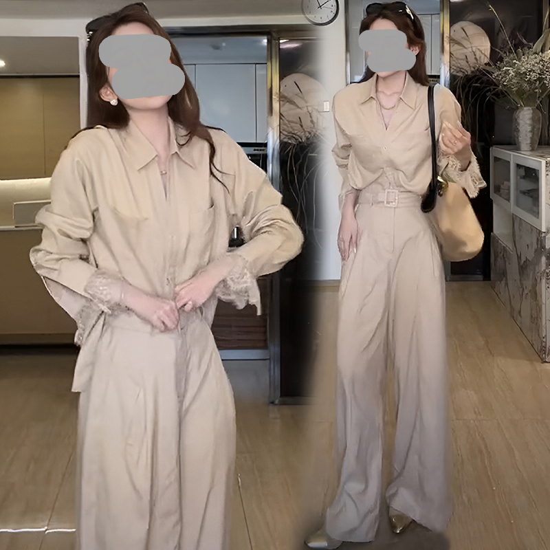 复古港风高级感套装夏季穿搭一整套拼接蕾丝衬衫洋气长裤两件套女