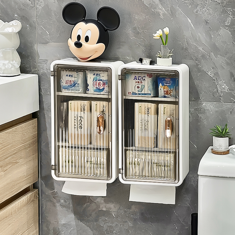 壁挂免打孔收纳盒防水尘浴室卫生纸多功能纸巾盒分层收纳带盖稳固