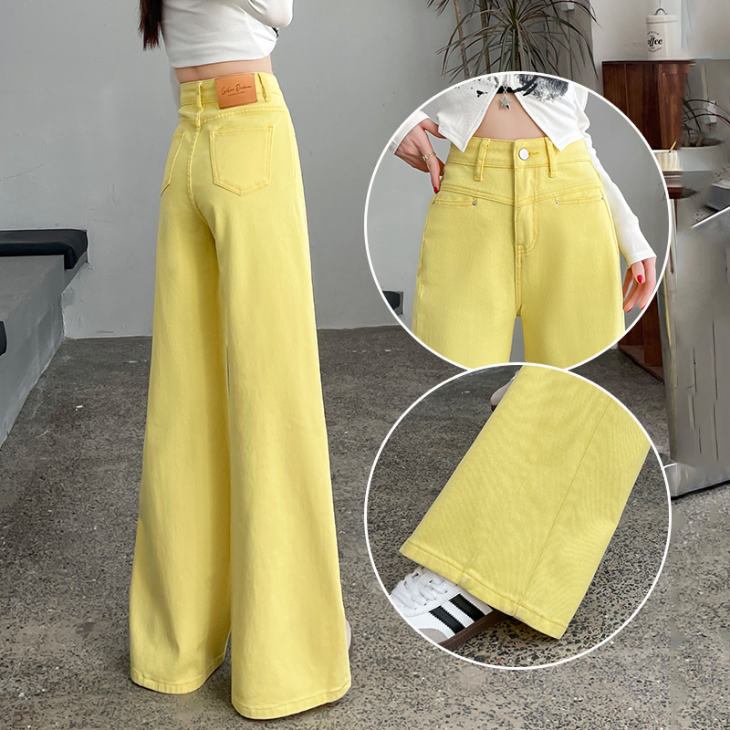 蜜蜜穿搭多巴胺黄色阔腿牛仔裤不吸腿女装2025秋季高腰拖地裤子