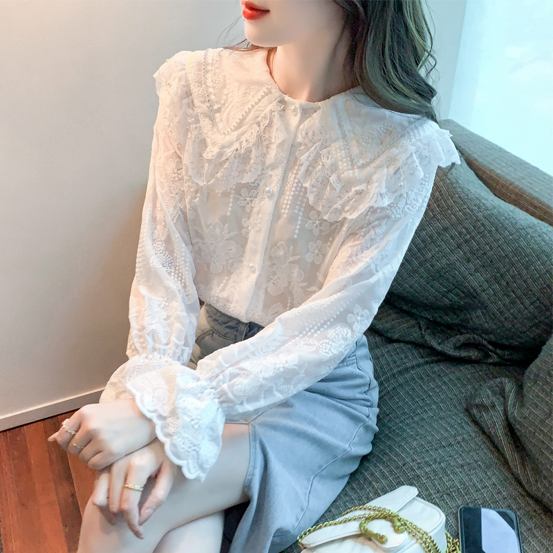 娃娃领蕾丝衬衫秋装高级感白色打底衫气质上衣职业衫中长款辣妈