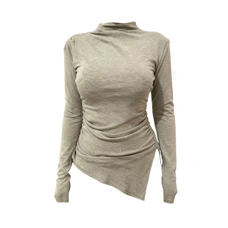 韩系大码微胖MM长袖T恤女秋冬季半高领内搭设计感开叉打底衫上衣