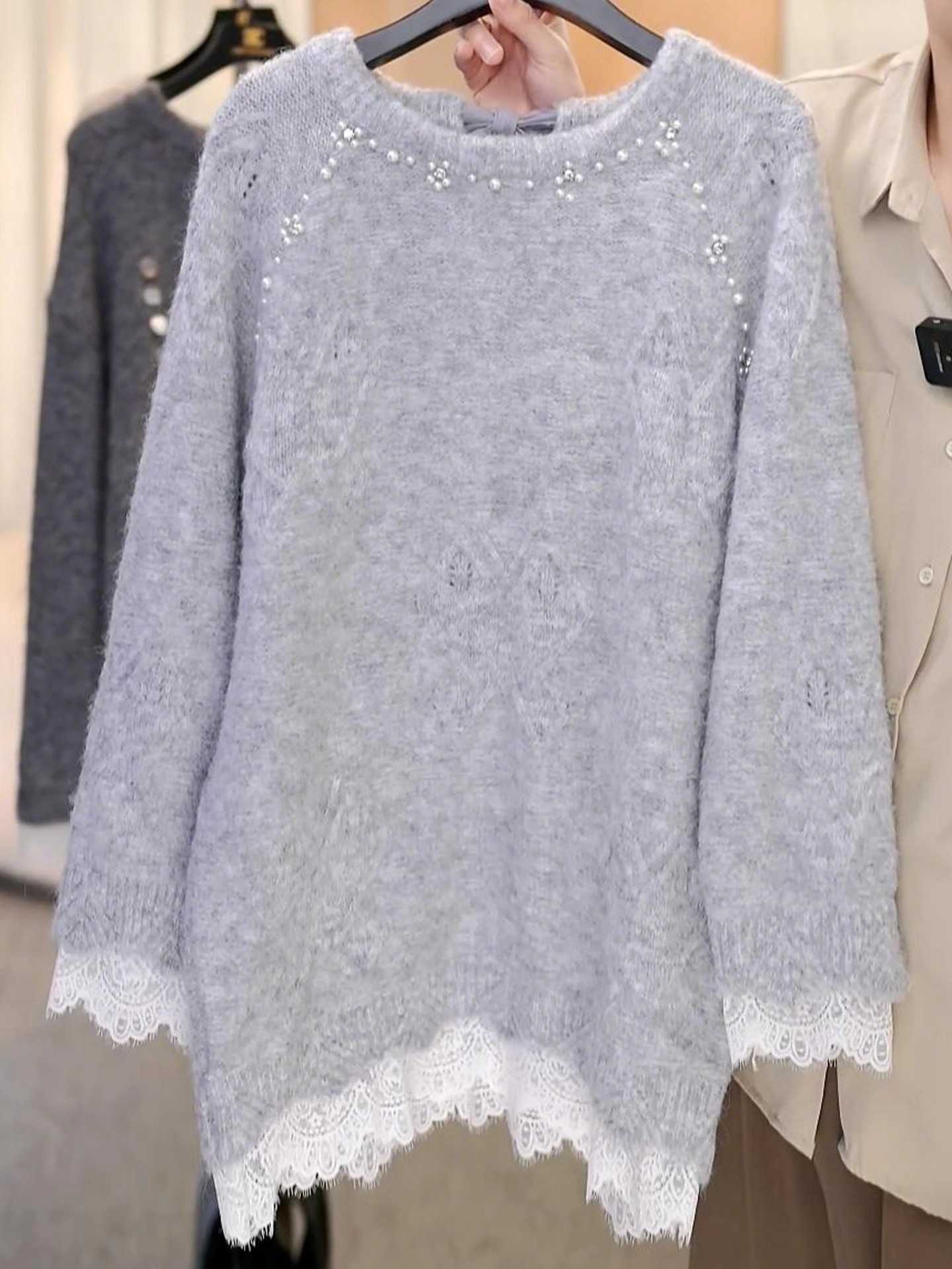 蕾丝钉珠假两件拼接针织衫女秋冬可拆卸蝴蝶结显瘦中长款毛衣上衣