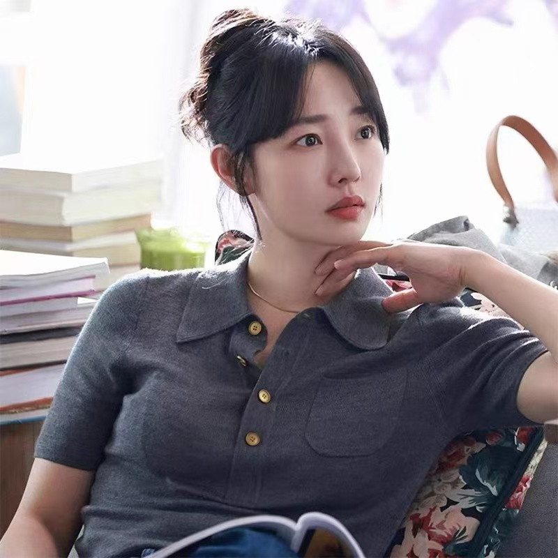 POLO领短款白百何同款短袖纯色夏季毛针织衫气质短款时尚翻领上衣