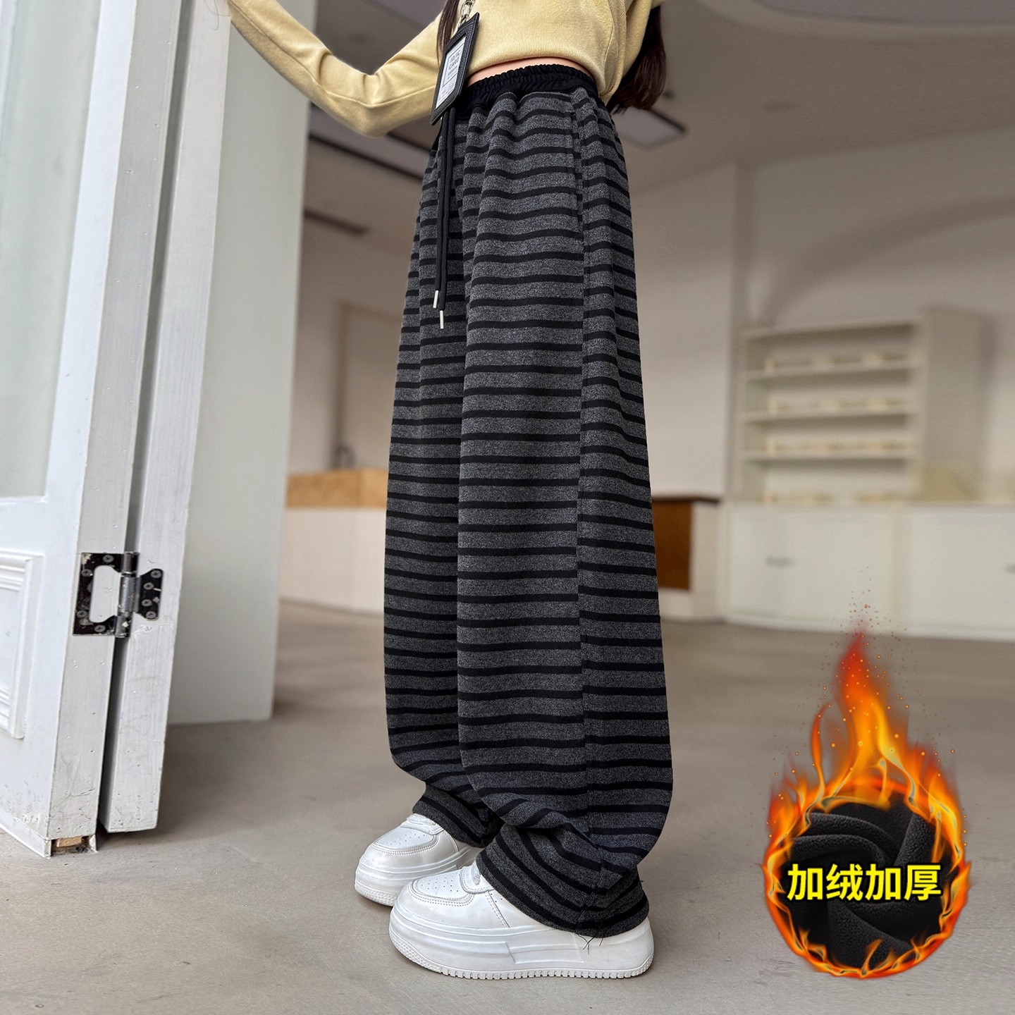 女童加绒休闲裤2025秋冬季新款6-14岁条纹阔腿裤儿童洋气直筒裤潮