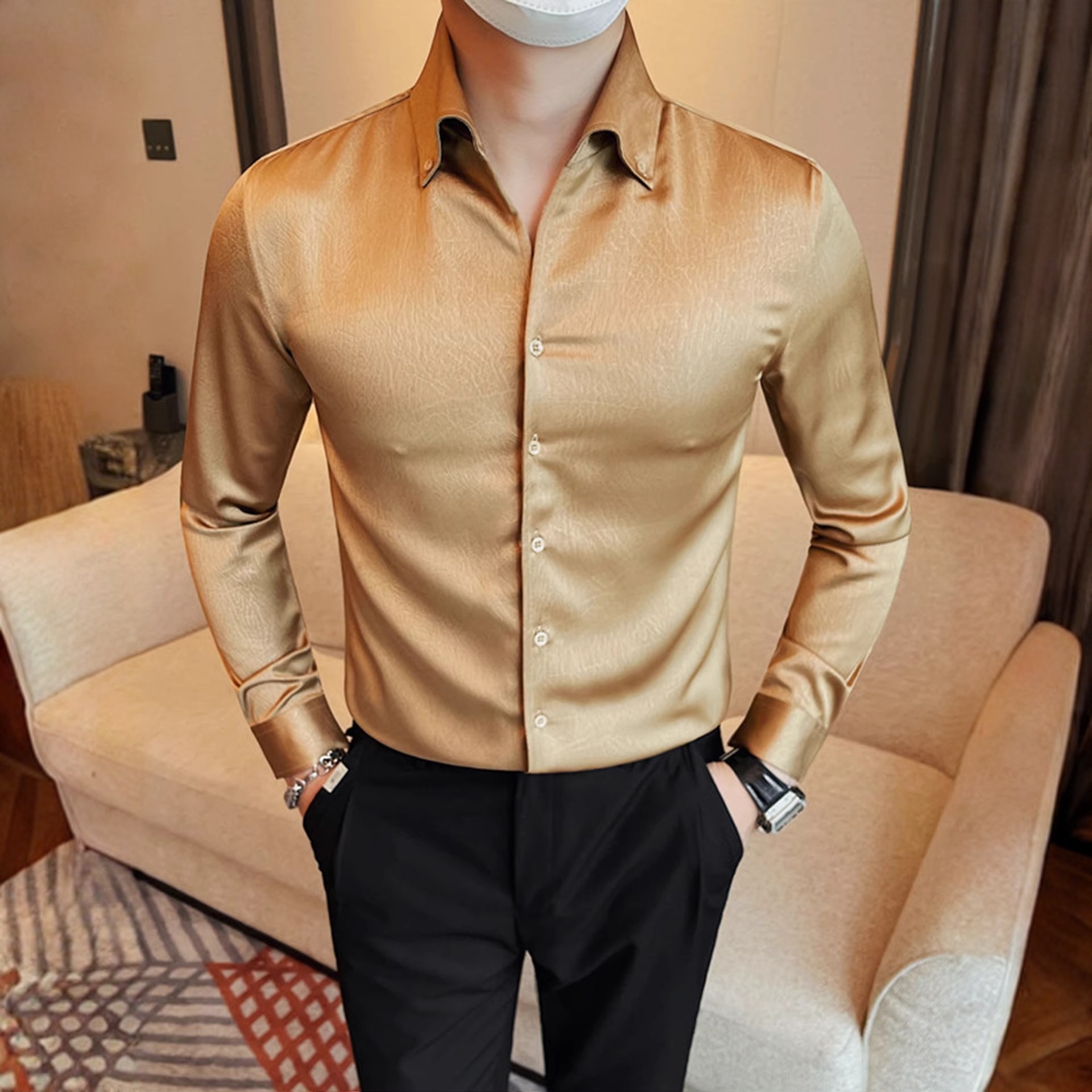 莱蒙璀 高级感亮面暗扣花衬衫男士长袖商务休闲潮流帅气衬衣男款