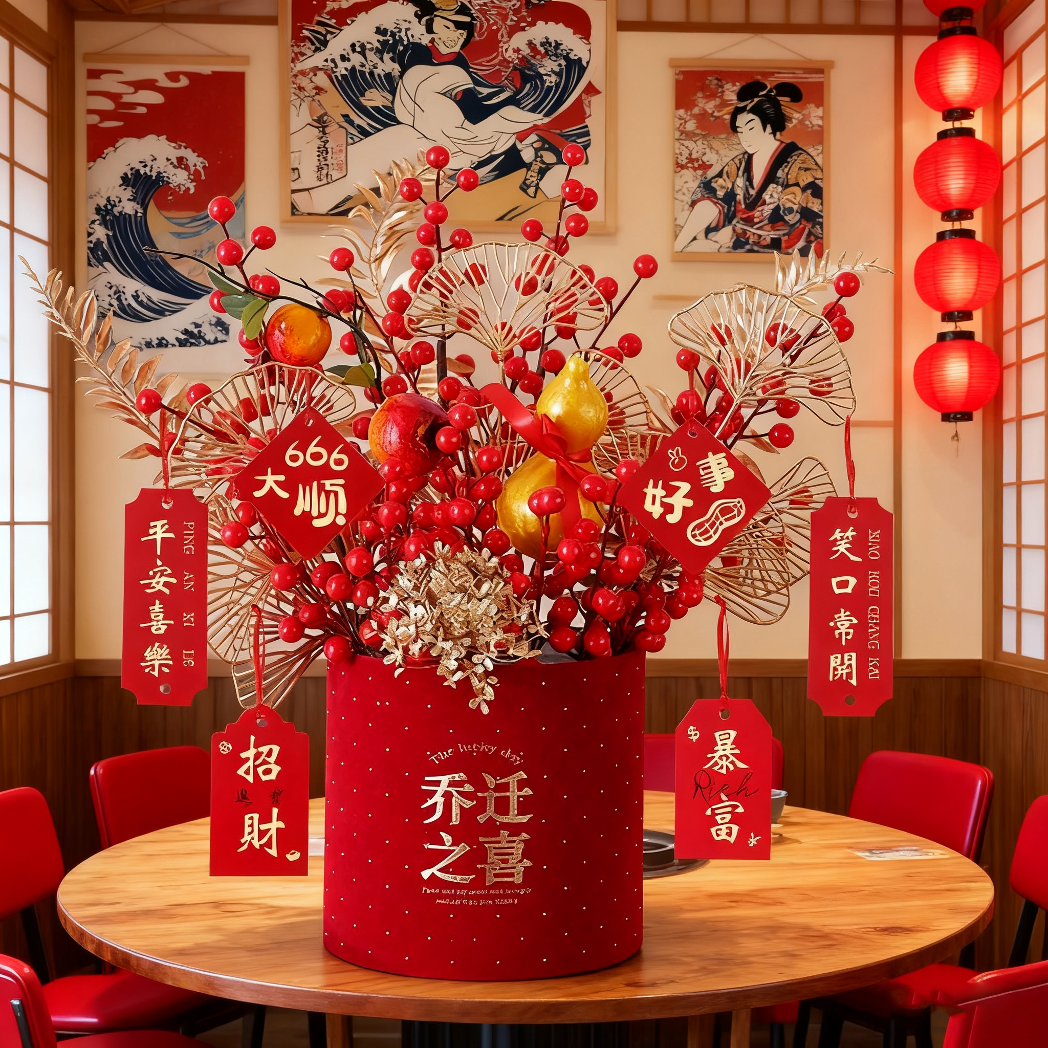 乔迁开业礼品桌面装饰摆件干花发财果福桶插花客厅年宵花新居礼物