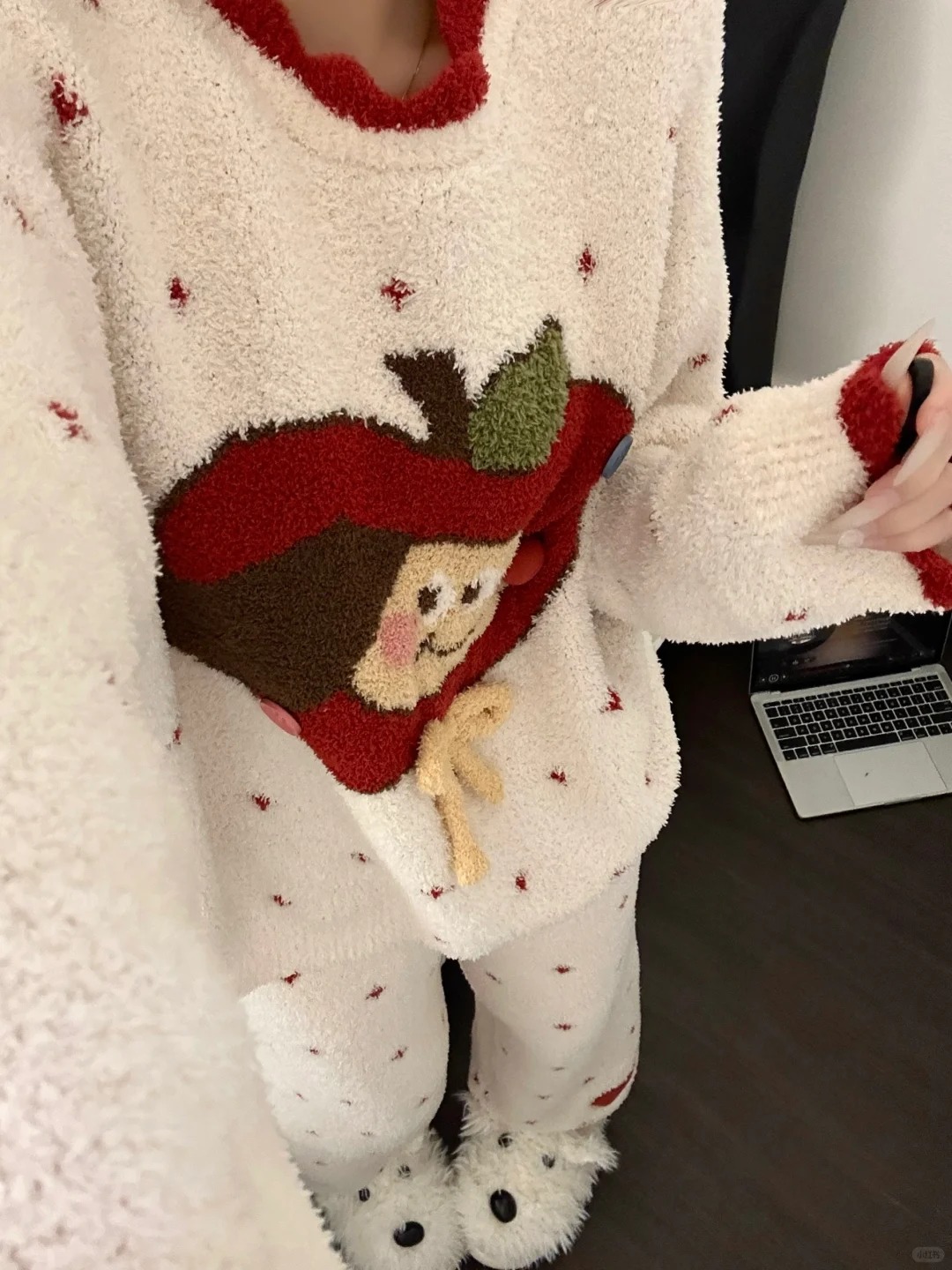 韩系甜美卡通苹果印花半边绒睡衣女秋冬季新款大码针织家居服套装