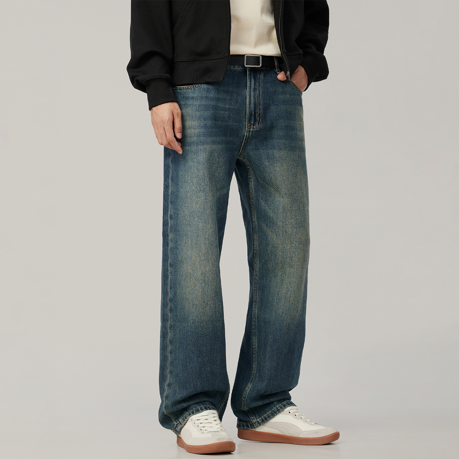 2025秋季新款vibe美式潮牌复古水洗蓝色牛仔裤男宽松直筒阔腿长裤
