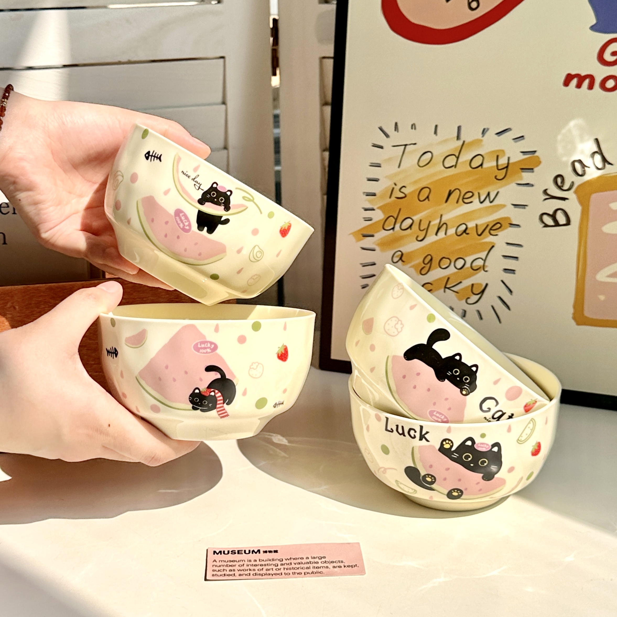 ins新款高颜值餐具猫咪可爱奶油情侣少女心米饭碗甜品碗陶瓷饭碗