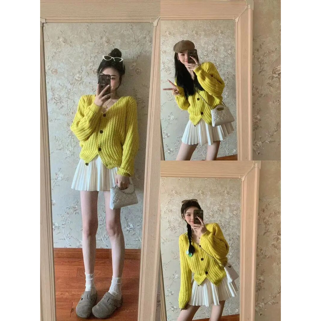 洋气休闲装2025早春新款慵懒风黄色毛衣长袖针织开衫显瘦半身短裙