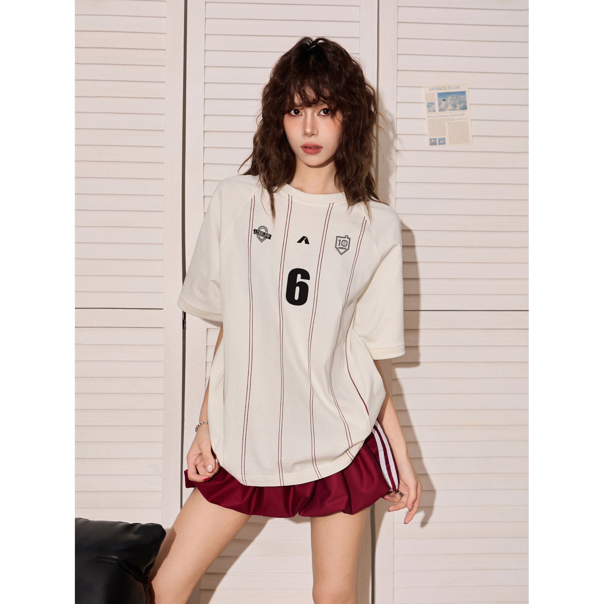 美式杏色条纹正肩短袖t恤女夏新款oversize宽松显瘦运动球衣上衣