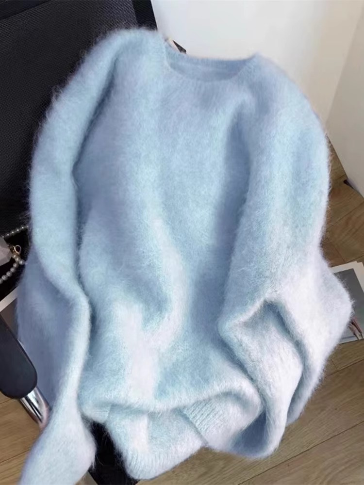 奶fufu蓝色仿水貂绒软糯毛衣女秋冬宽松慵懒针织打底衫内搭上衣