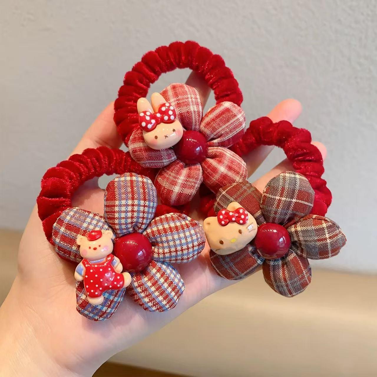 新年红色格纹花朵发圈儿童秋冬植绒扎发绳可爱丸子头皮筋女童发饰