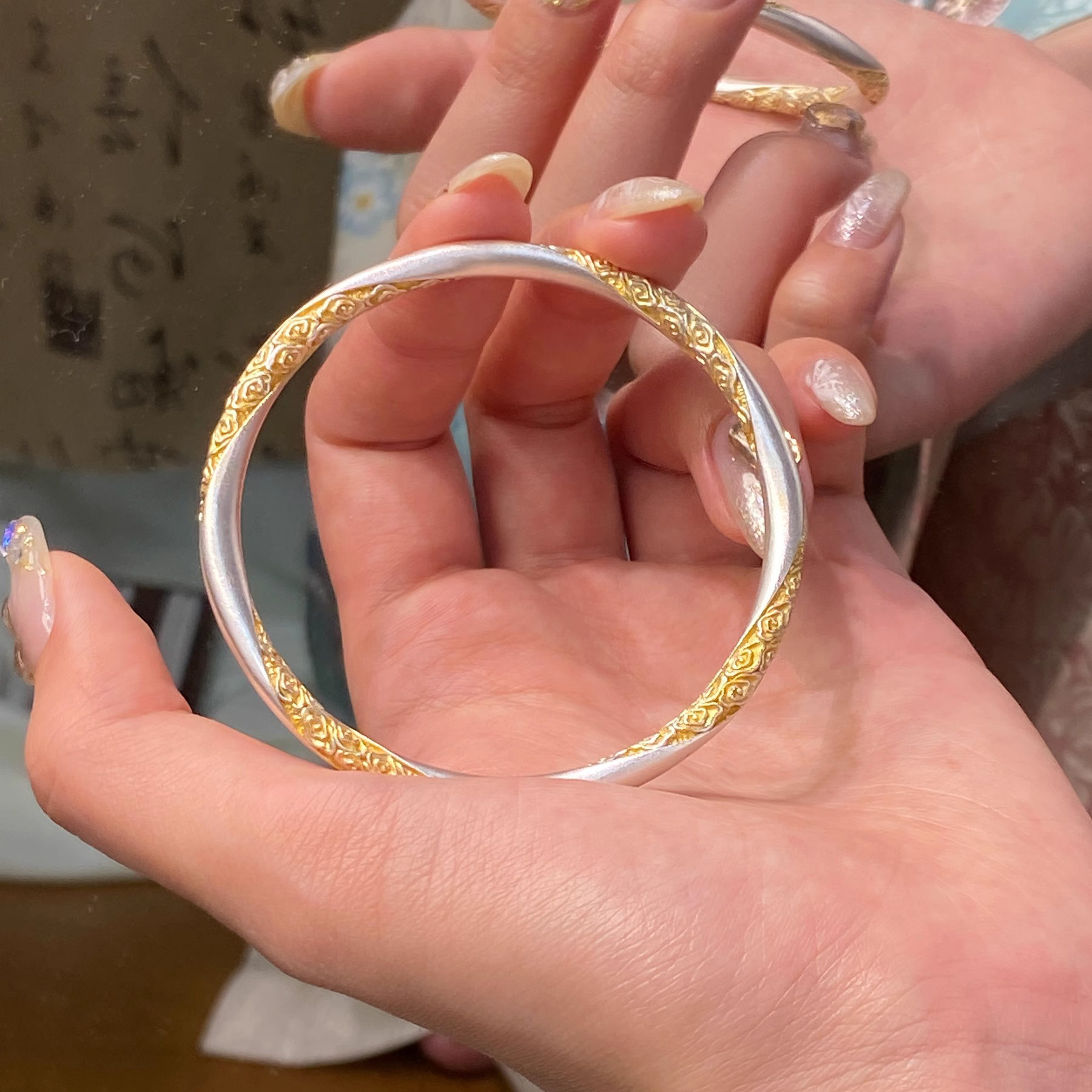 足银手镯 9999描金手镯女新中式国风轻奢气质百搭实心闭口送女友