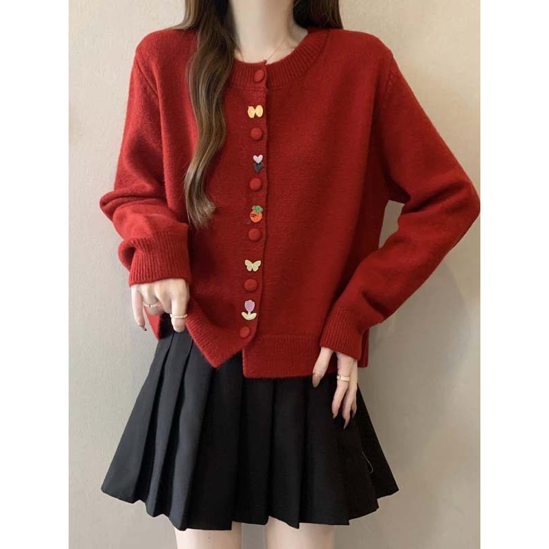 本命年红色时尚洋气毛衣外套大码女装胖秋冬高级感针织开衫上衣