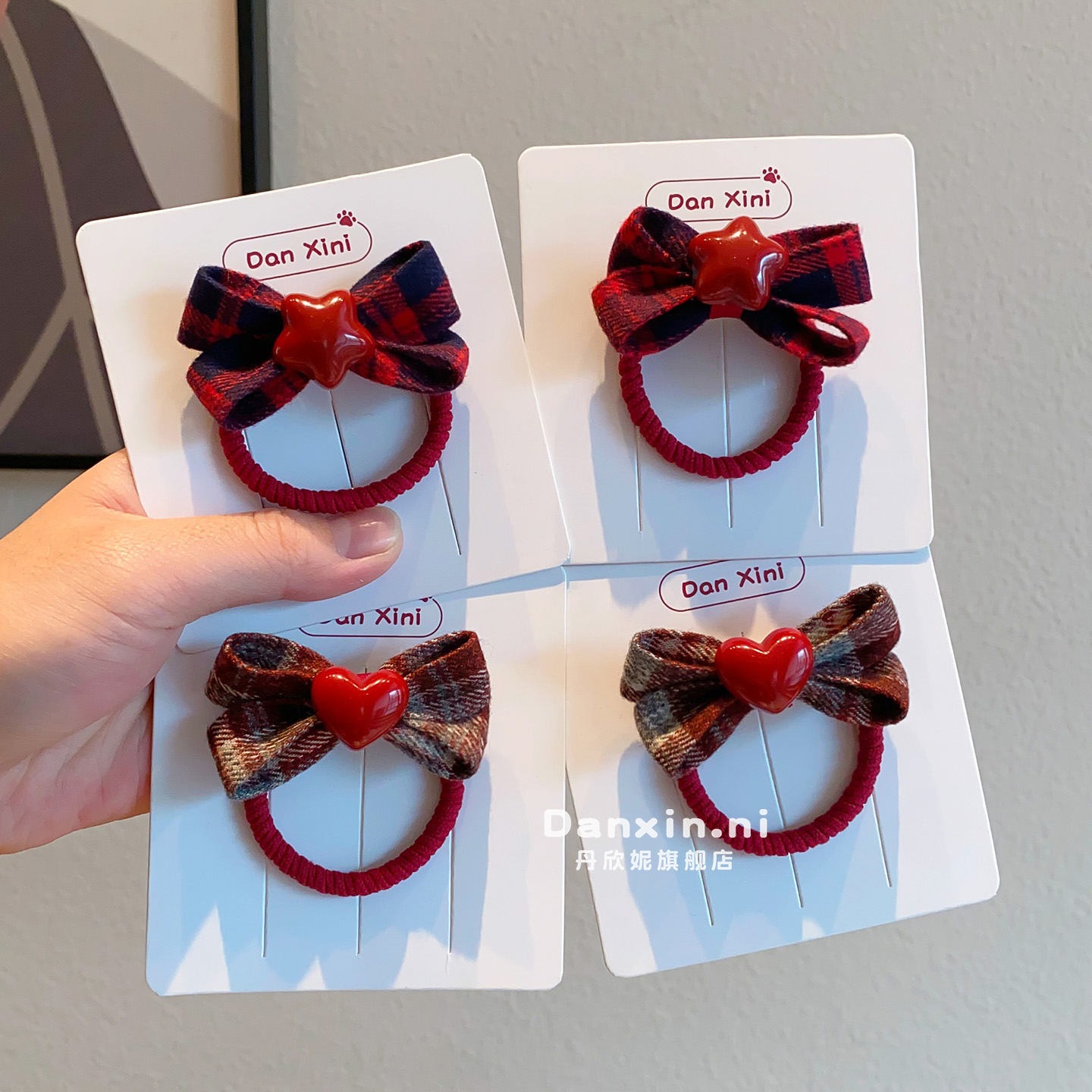 复古格纹蝴蝶结发圈儿童不伤发皮筋扎发绳女童双马尾头绳红色发饰