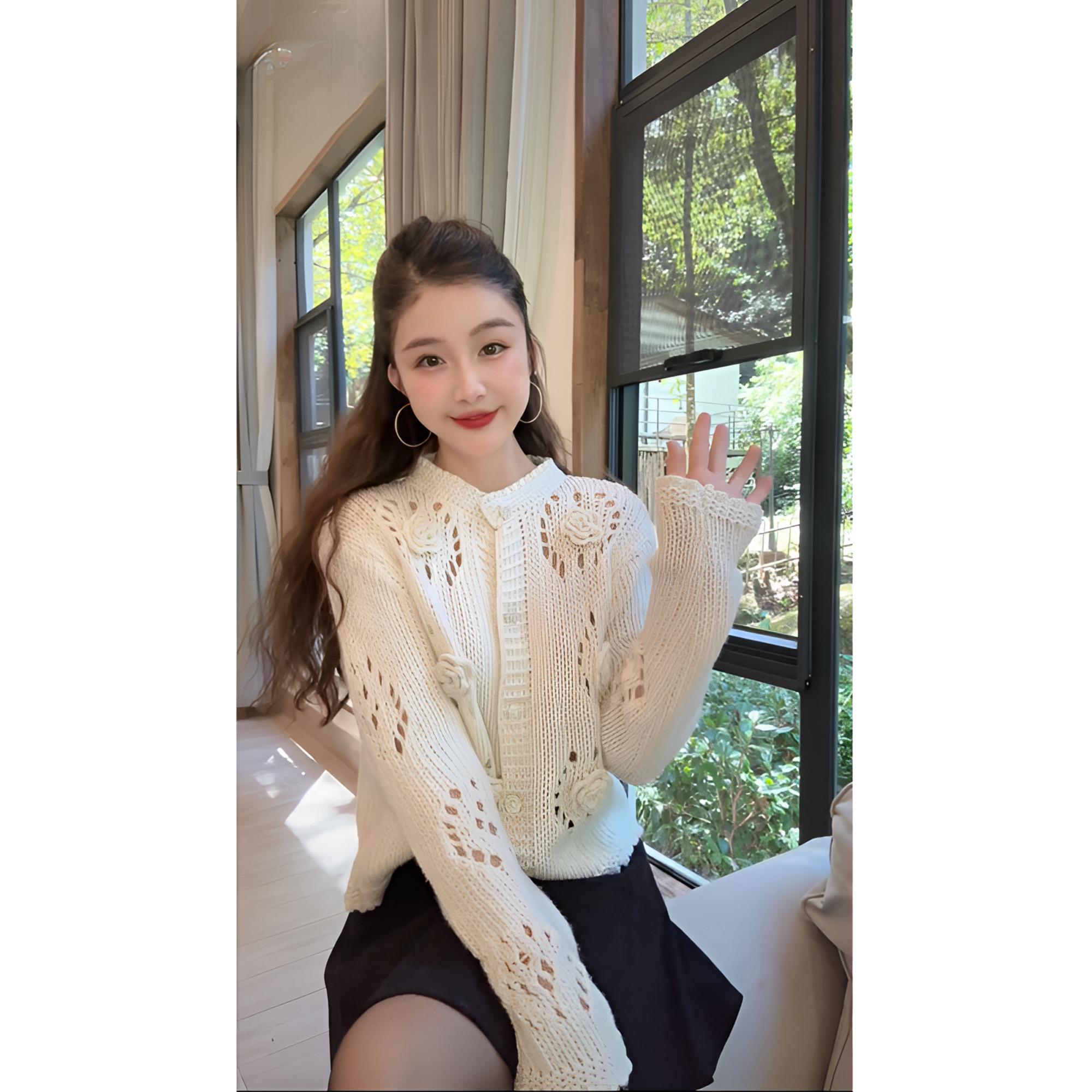 秋冬镂空小心机立体花朵针织衫小众温柔软糯甜美针织外套YY71826