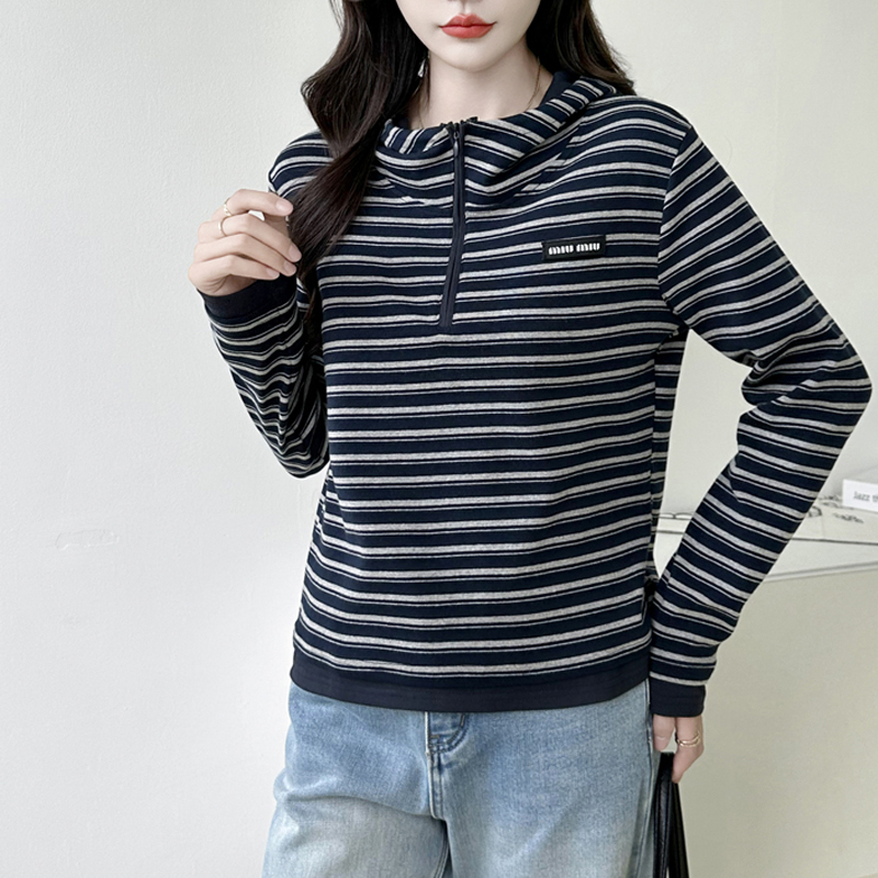 短款连帽拉链条纹长袖T恤女春秋季新款帽衫卫衣休闲运动上衣